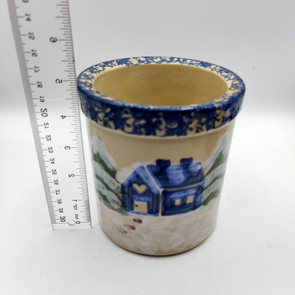 Alpine Pottery Ohio 1995 Blue Snow Cottage Hand Painted Winter Decor Set - Picture 7 of 11